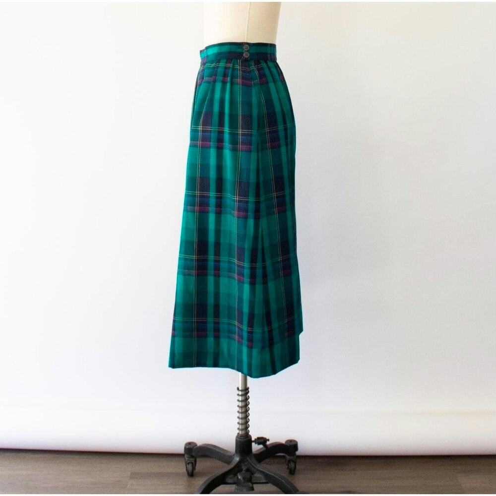 Sz 12 PENDLETON Vintage Teal Green Plaid Gathered Button Waist Zip Midi Skirt - Picture 2 of 7
